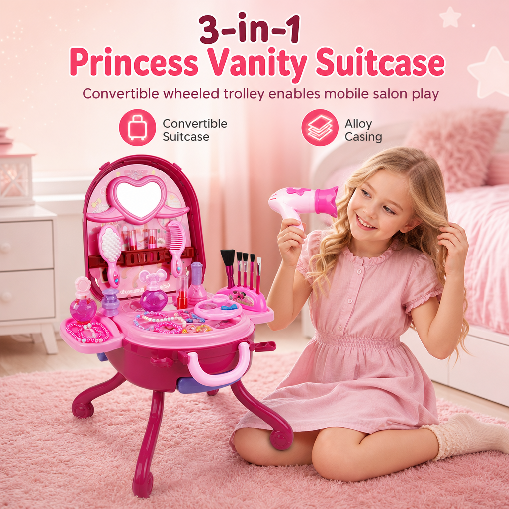 📢📢 50% OFF For Christmas🎀Kids’ Pretend Makeup Vanity Suitcase – Portable Dress-Up Toy Set for Girls