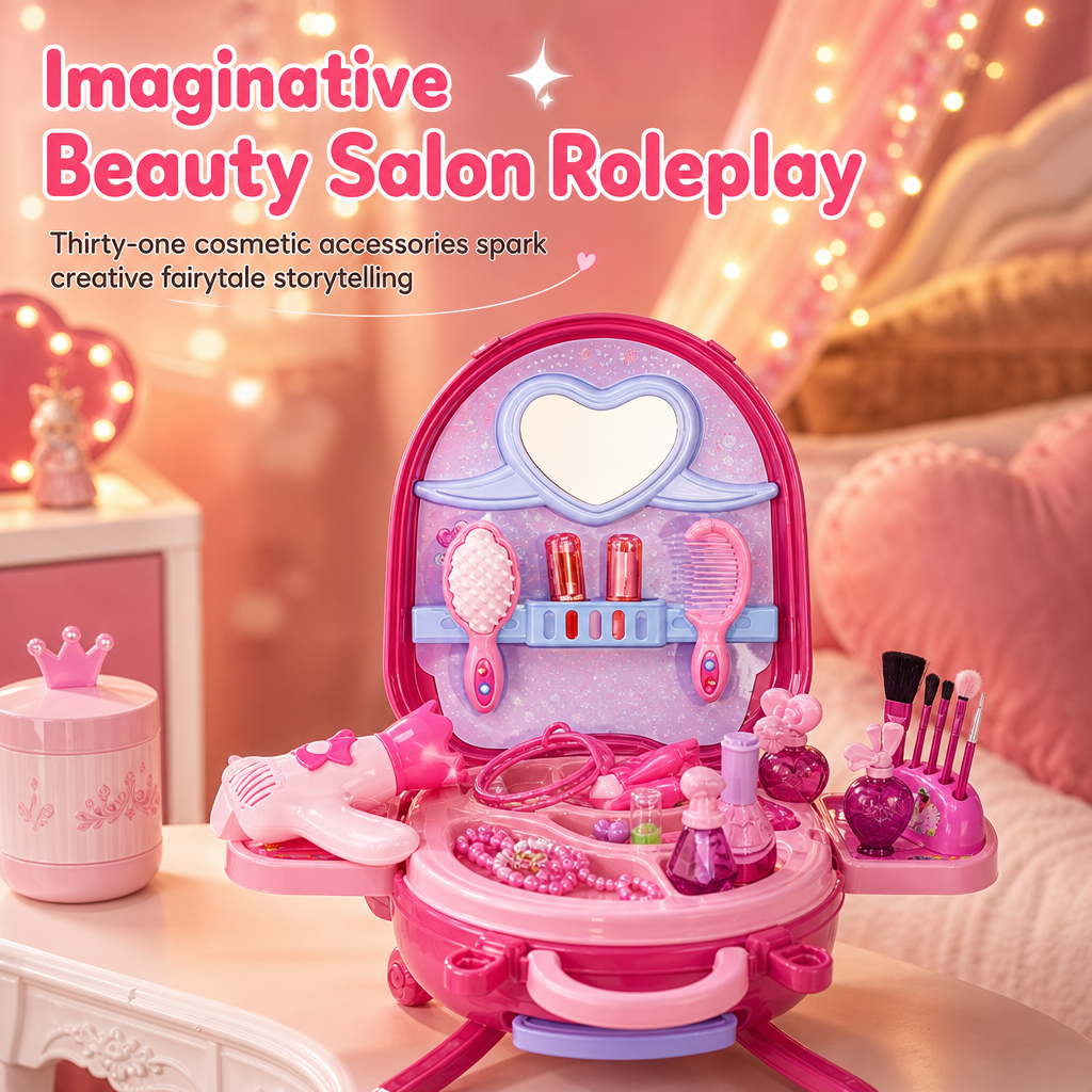 📢📢 50% OFF For Christmas🎀Kids’ Pretend Makeup Vanity Suitcase – Portable Dress-Up Toy Set for Girls