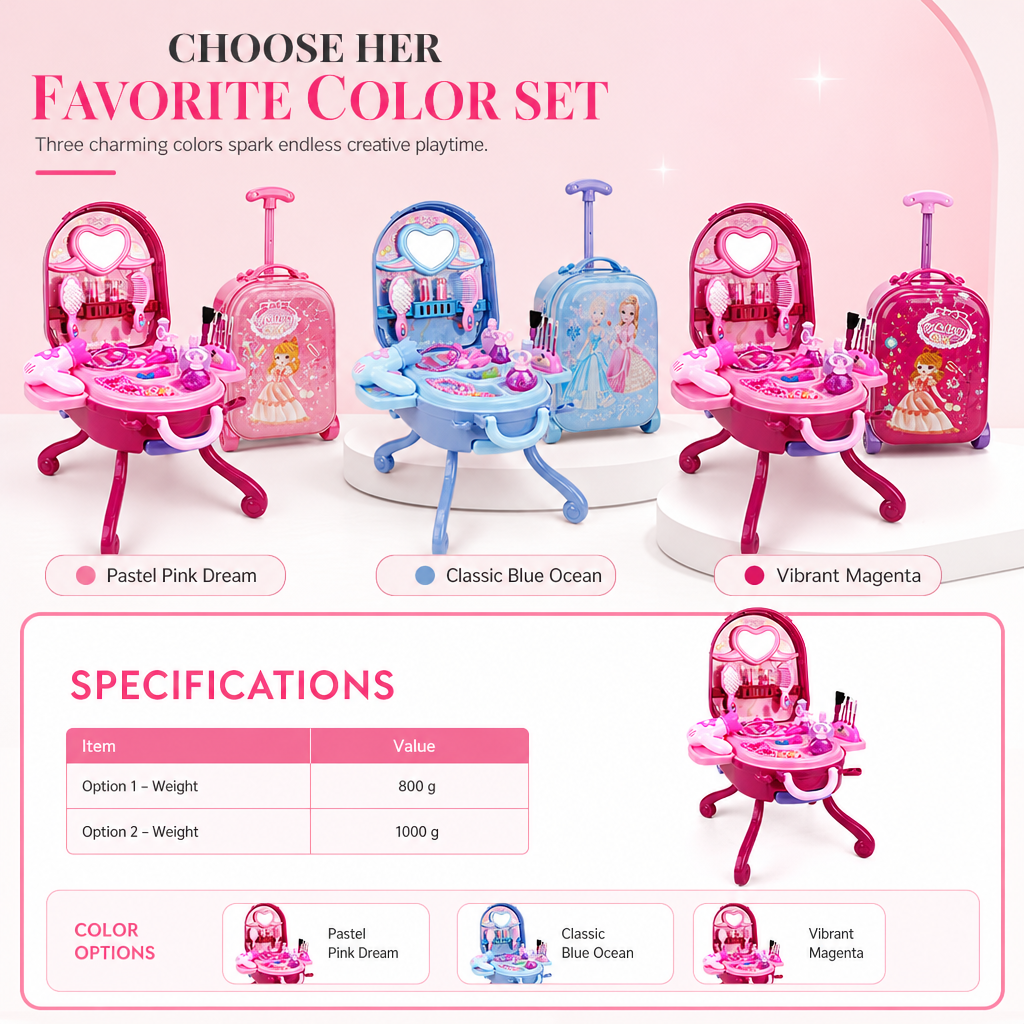 📢📢 50% OFF For Christmas🎀Kids’ Pretend Makeup Vanity Suitcase – Portable Dress-Up Toy Set for Girls