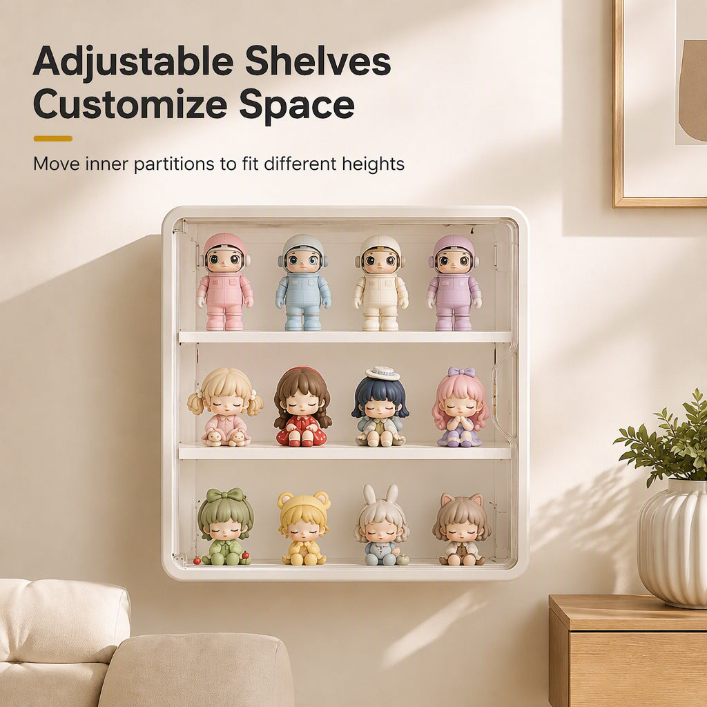 Wall Mounted Clear Action Figure Display Case and Storage Organizer with Two Shelves